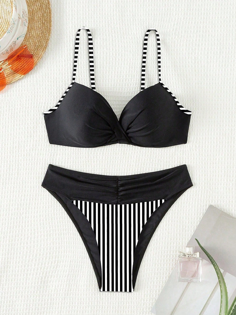 Swim Lushoire Maiô Bikini listrado Cruzado Feminino para Praia de Verão, estampas aleatórias e sexy