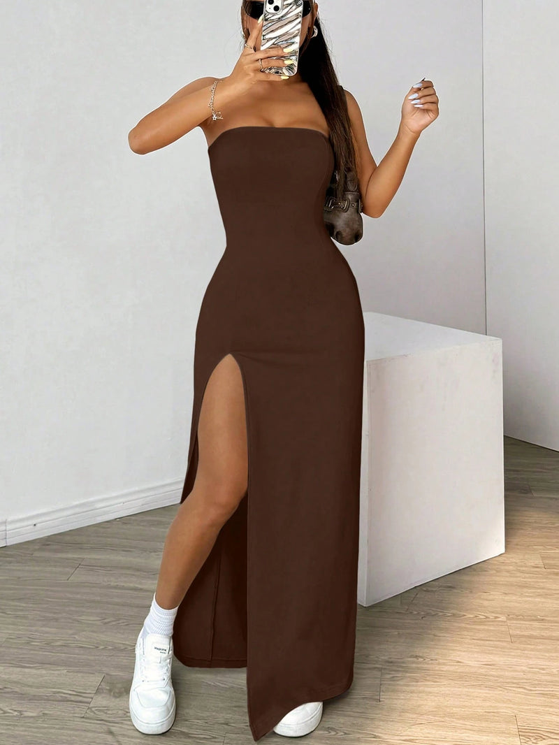 SHEIN EZwear Vestido Casual Justo e Sem Alças de Cor Sólida para Mulheres, Simples e na Moda para Uso Diário