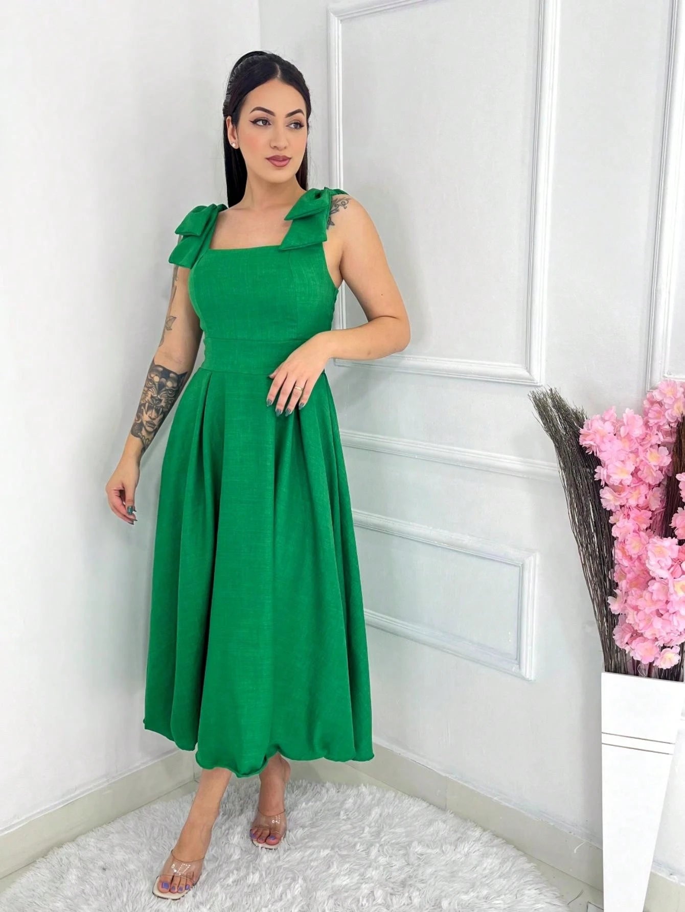 Vendedor IndicadoVestido midi luxo lisa duna linho com laço na manga