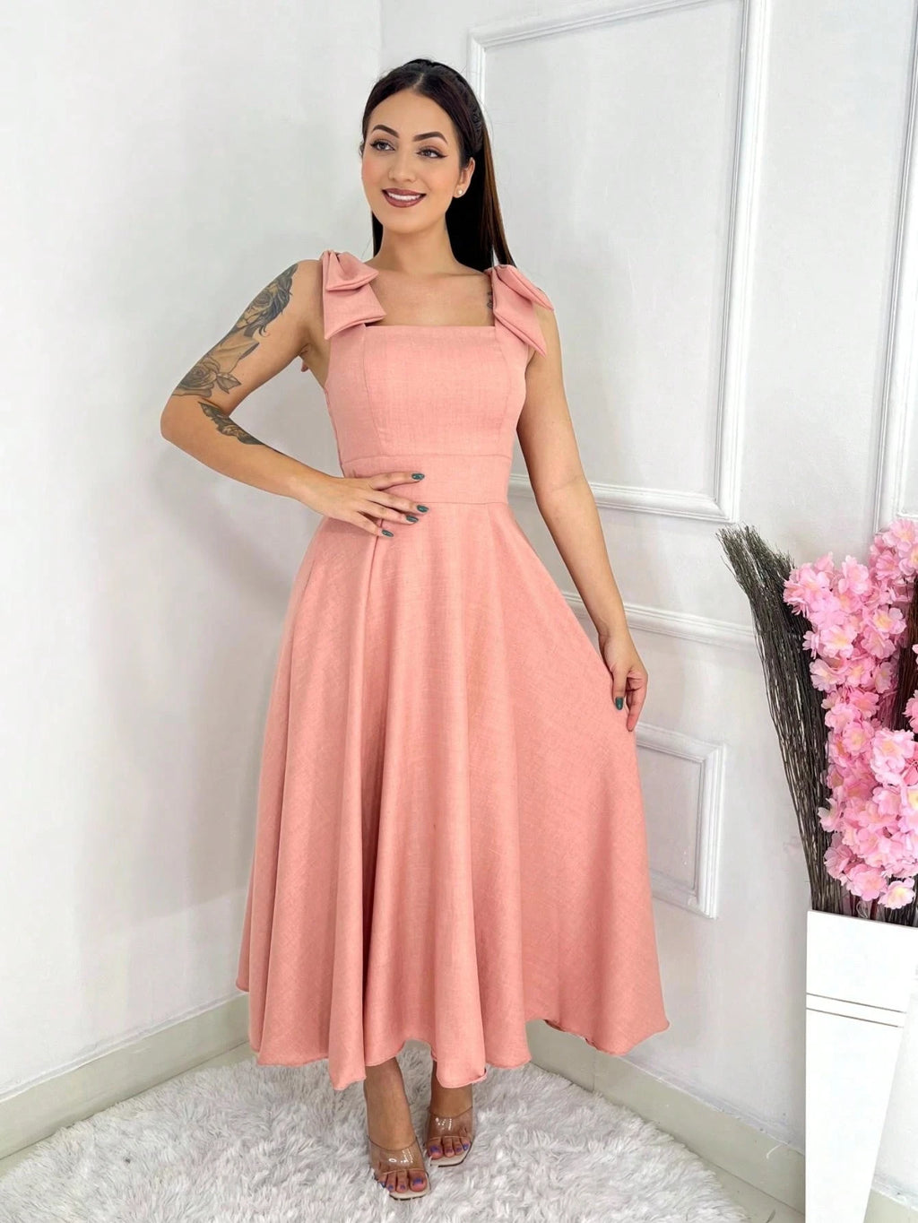 Vendedor IndicadoVestido midi luxo lisa duna linho com laço na manga