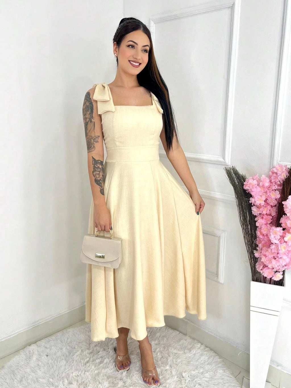 Vendedor IndicadoVestido midi luxo lisa duna linho com laço na manga