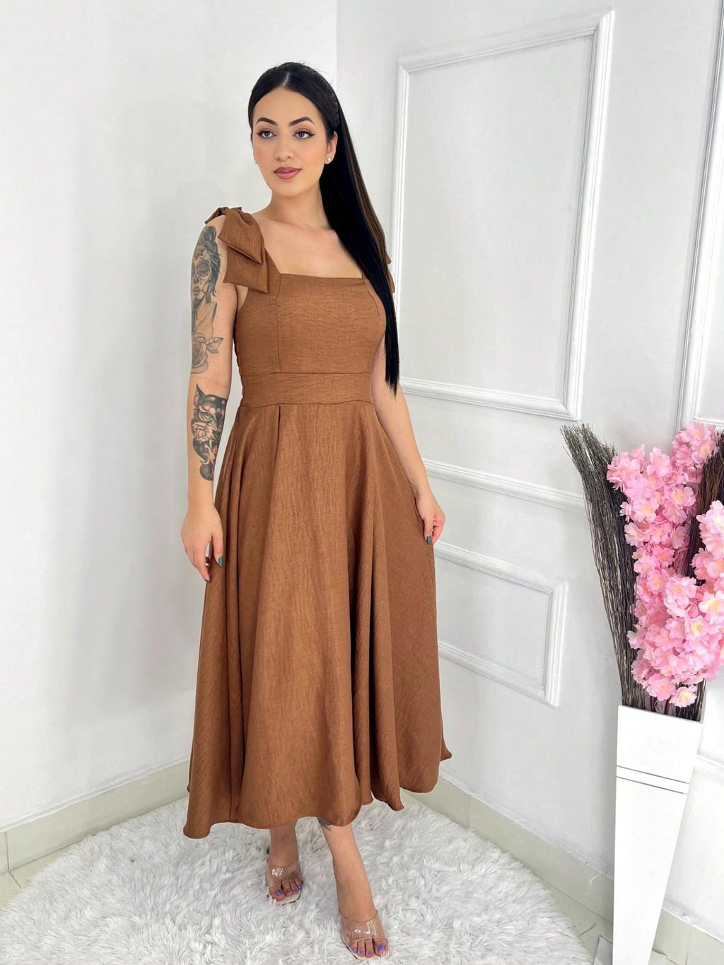 Vendedor IndicadoVestido midi luxo lisa duna linho com laço na manga