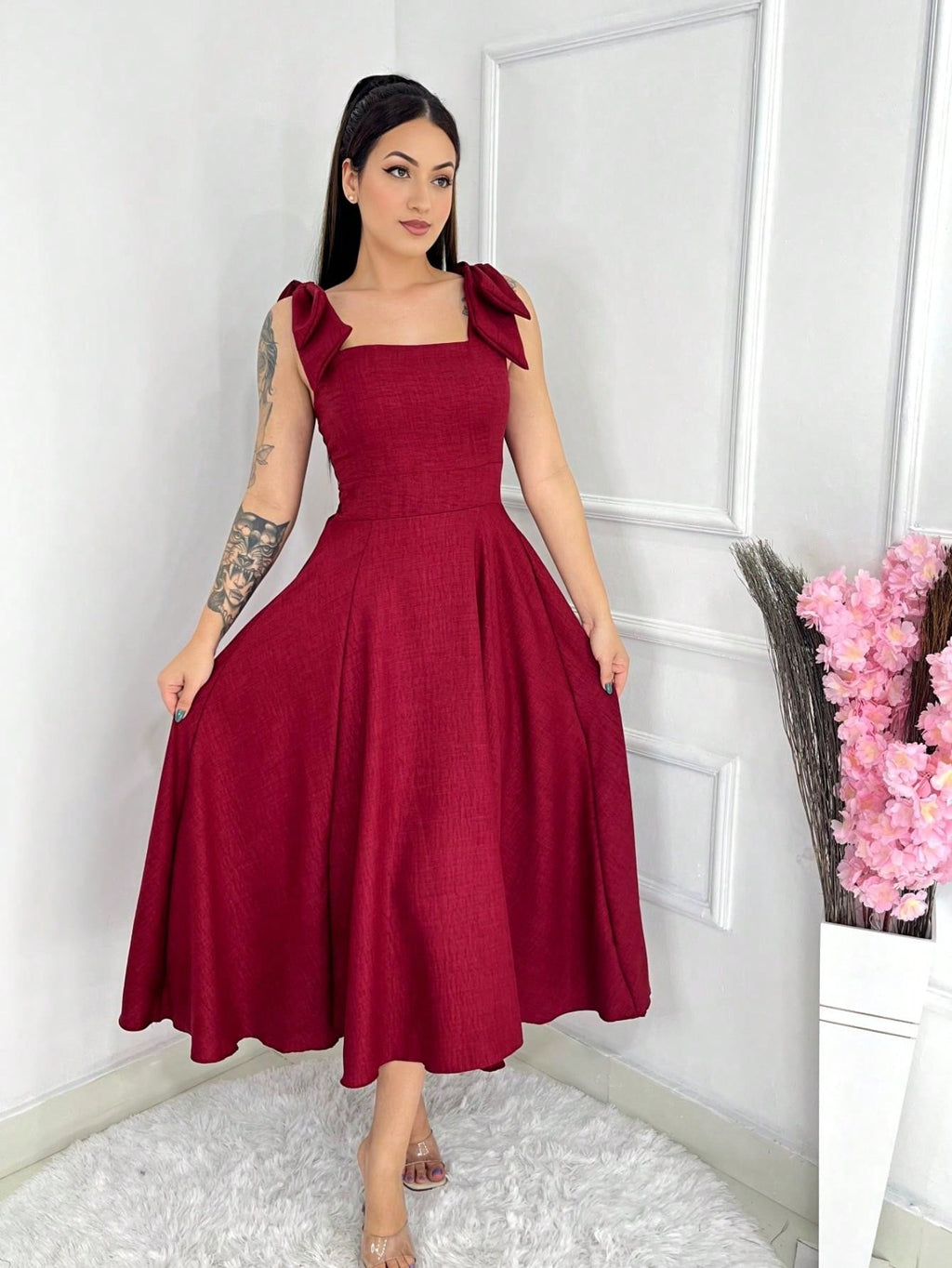 Vendedor IndicadoVestido midi luxo lisa duna linho com laço na manga
