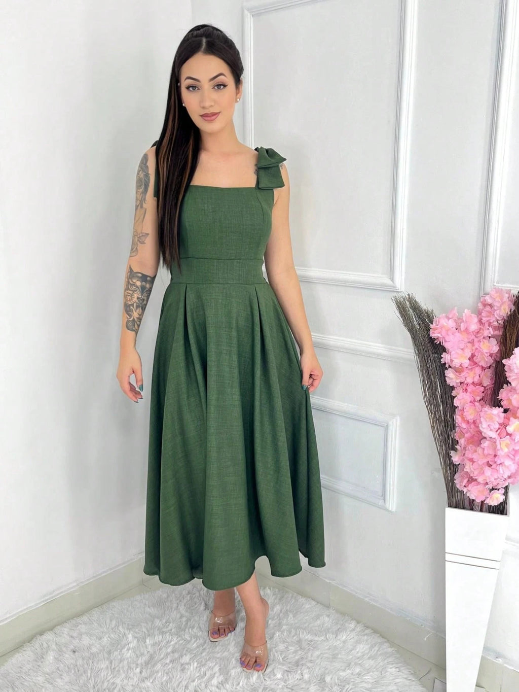 Vendedor IndicadoVestido midi luxo lisa duna linho com laço na manga