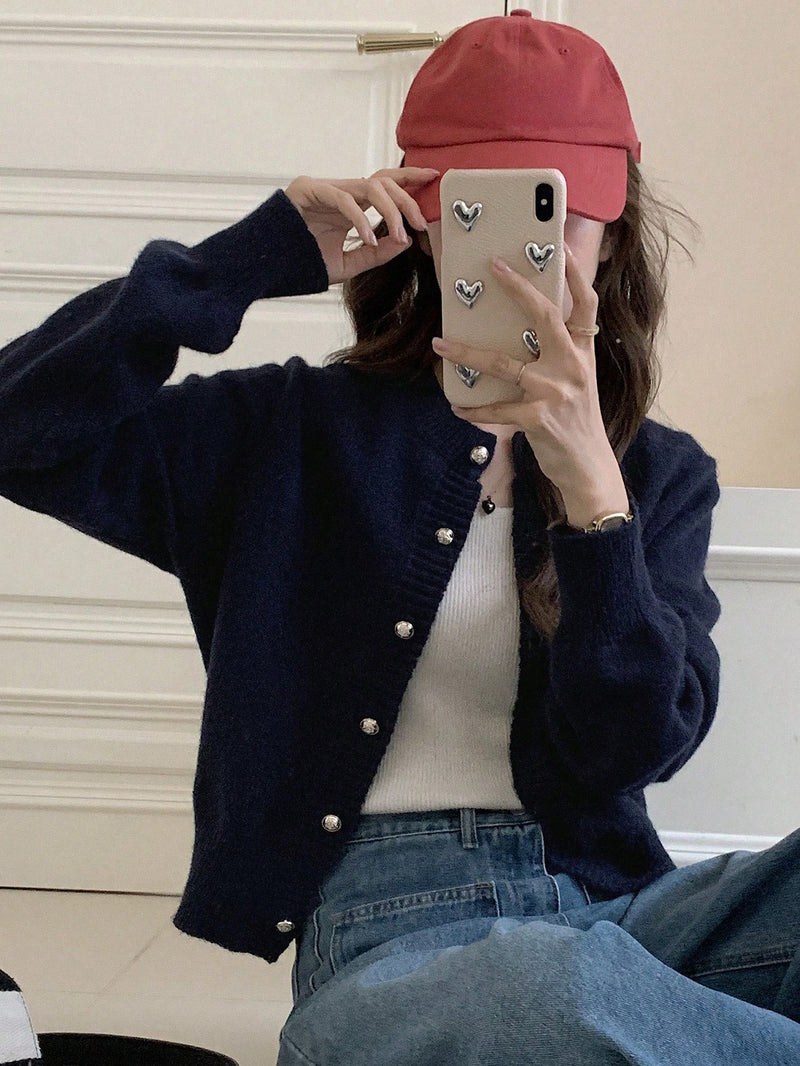 Dazy-Less Cardigan de Botão Sólido, Casual de Primavera/Outono para Mulheres, Botões Regulares, Manga Regular, Gola Redonda, Ajuste Regular, Bege Liso, Cardigãs Femininos de Uso Diário Casual, Dinheiro Antigo