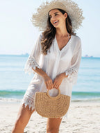 SHEIN Swim Quimono Feminino de Cobertura com Recorte de Renda, de Cor Sólida, para Praia e Férias