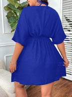 Swim Lushoire Vestido Capa em Cor Sólida com Decote V Profundo, Manga Curta Vazada, Plus Size, para Verão