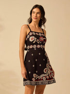 CAJUNI Vestido Curto Preto com Alça em Estilo Boho Tropical, Impressão de Plantas, Azaléia, Girassol para Férias Casuais de Verão para Mulheres