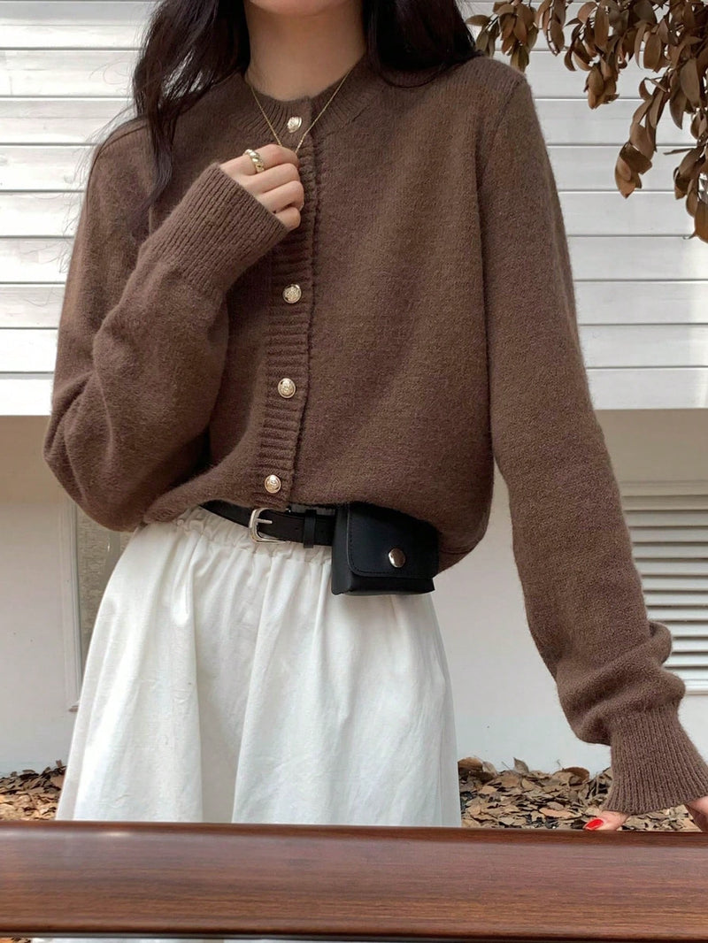 Dazy-Less Cardigan de Botão Sólido, Casual de Primavera/Outono para Mulheres, Botões Regulares, Manga Regular, Gola Redonda, Ajuste Regular, Bege Liso, Cardigãs Femininos de Uso Diário Casual, Dinheiro Antigo