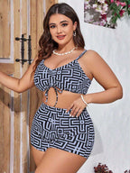 Swim Lushoire Conjunto de Maiô Bikini Plus Size Estampa Tropical de Verão, com Top Camiseta com Cordão, Short Boxer e Kimono de Manga Longa, 3 Peças