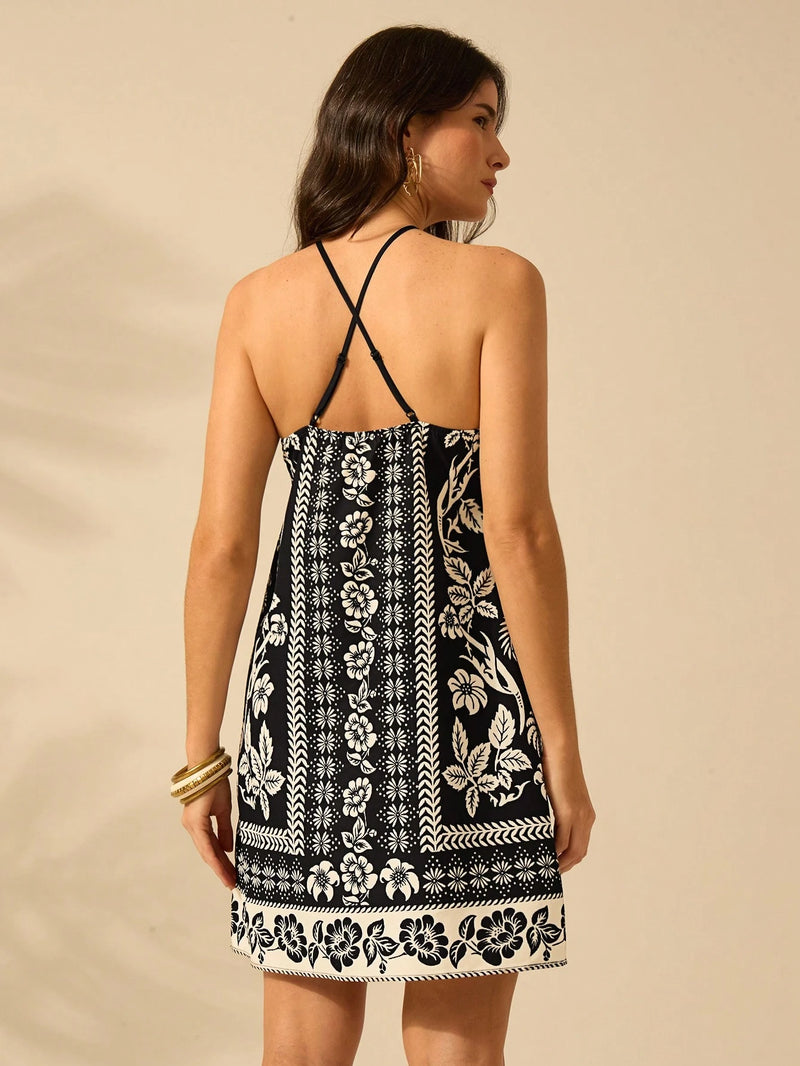 CAJUNI Vestido Curto Casual de Verão Boêmio Feminino, Estampa Tropical de Planta Floral, Cinto Fino, Costas Cruzadas