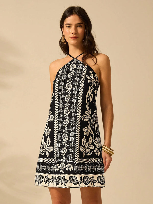 CAJUNI Vestido Curto Casual de Verão Boêmio Feminino, Estampa Tropical de Planta Floral, Cinto Fino, Costas Cruzadas