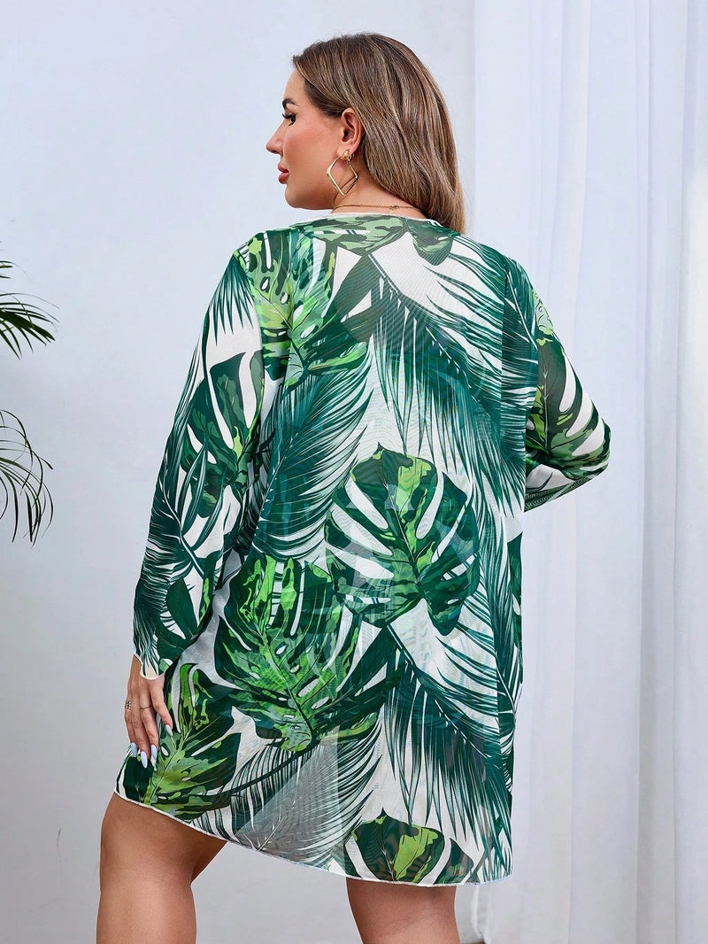 Swim Lushoire 3 Peças Conjunto de Quimono Estampa Floral + Maiô Bikini, Plus Size, Verão