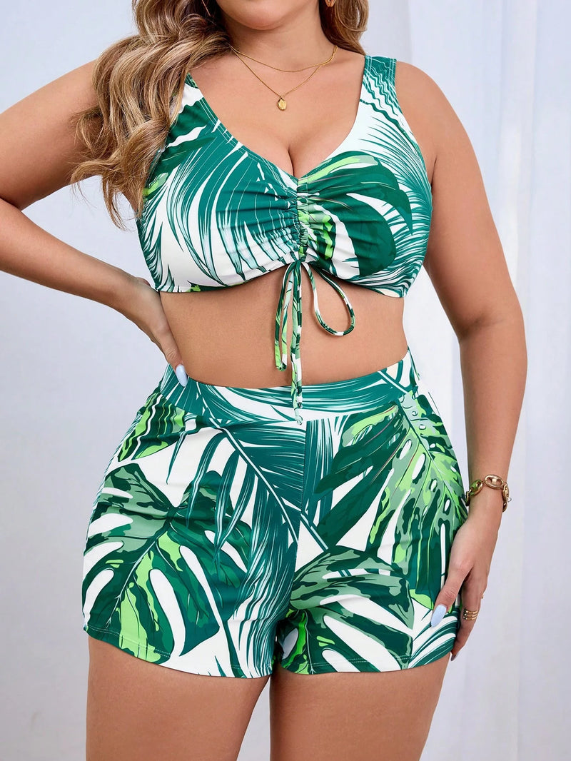 Swim Lushoire 3 Peças Conjunto de Quimono Estampa Floral + Maiô Bikini, Plus Size, Verão