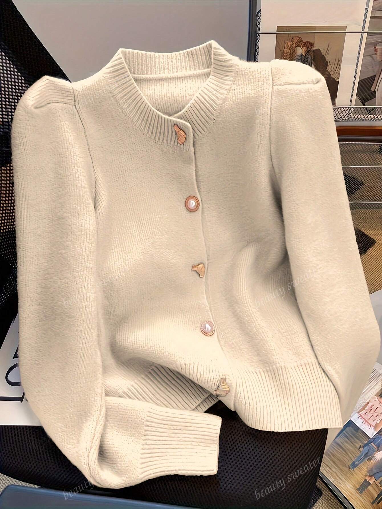 Casaco de Tricô Volumoso, Oversized, para Mulheres, Mangas Bufantes, Fit Solto para Primavera e Outono, Blusas de Manga Longa