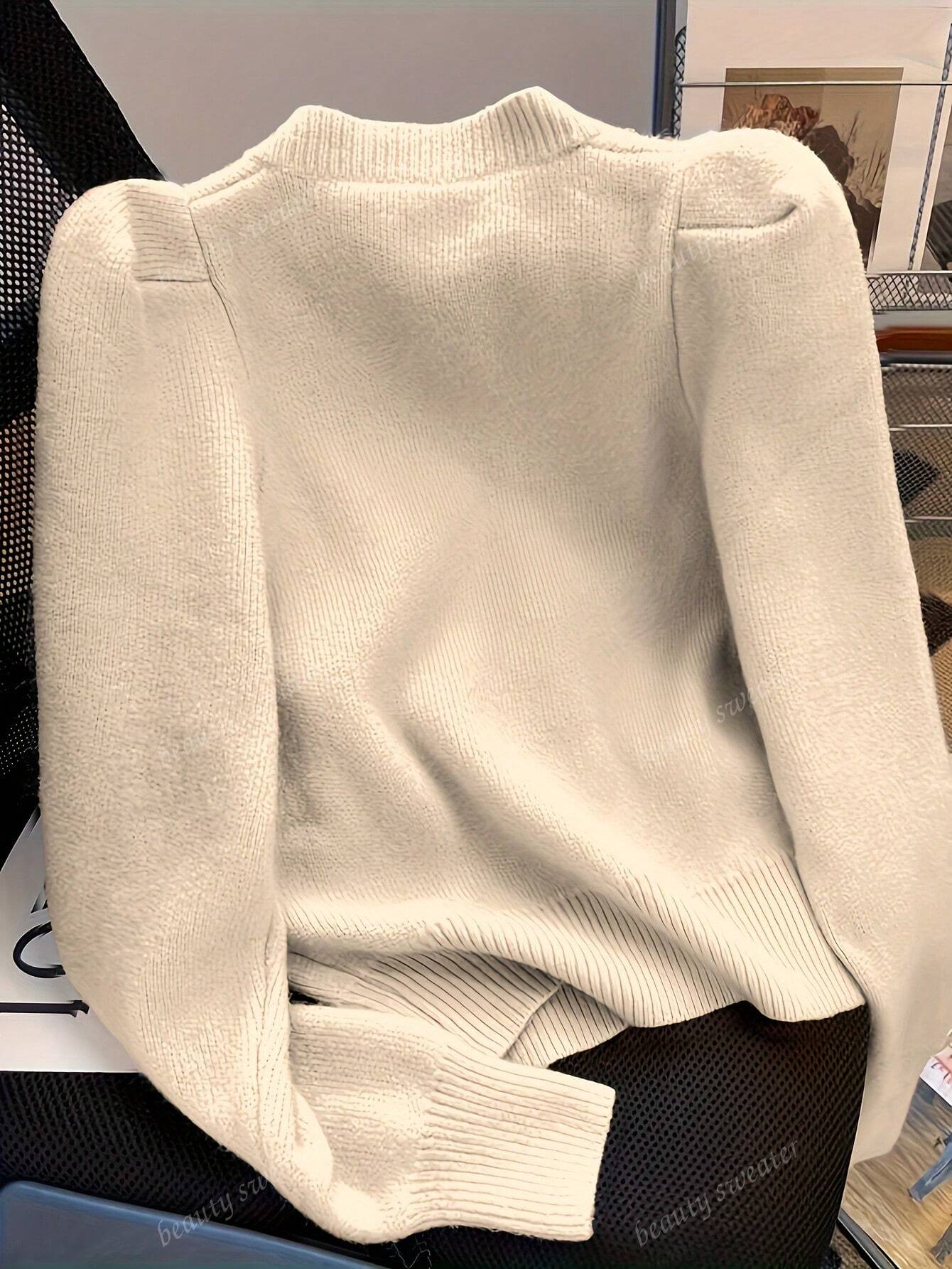 Casaco de Tricô Volumoso, Oversized, para Mulheres, Mangas Bufantes, Fit Solto para Primavera e Outono, Blusas de Manga Longa