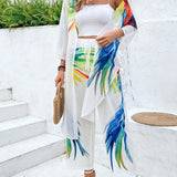 Conjunto Camila – Branco Estampado com Kimono e Calça