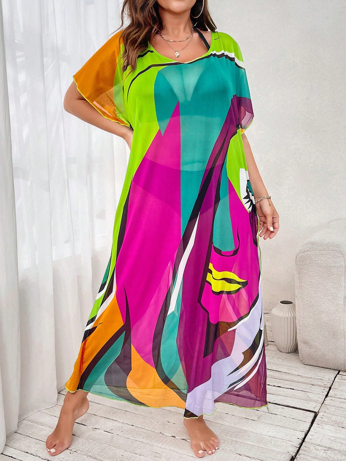 SHEIN Swim Basics Cobertura Para Festival De Música, Plus Size Para Mulheres, Malha Transparente Com Gola Redonda E Fenda