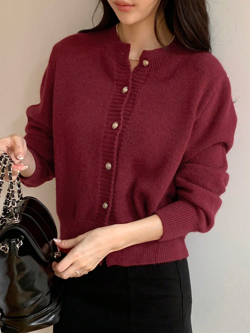 Dazy-Less Cardigan de Botão Sólido, Casual de Primavera/Outono para Mulheres, Botões Regulares, Manga Regular, Gola Redonda, Ajuste Regular, Bege Liso, Cardigãs Femininos de Uso Diário Casual, Dinheiro Antigo