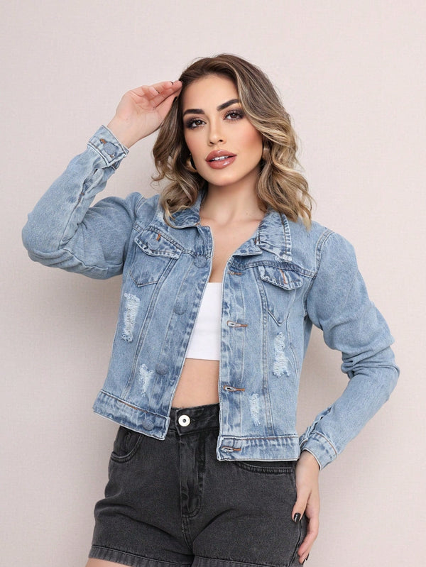 Vendedor IndicadoJaqueta Jeans Feminina Modelo Casual Lavagem Clara botao ferro