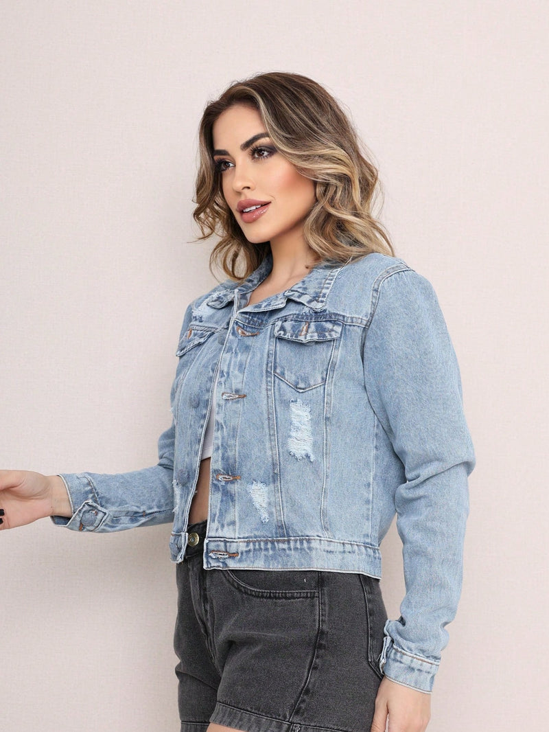 Vendedor IndicadoJaqueta Jeans Feminina Modelo Casual Lavagem Clara botao ferro