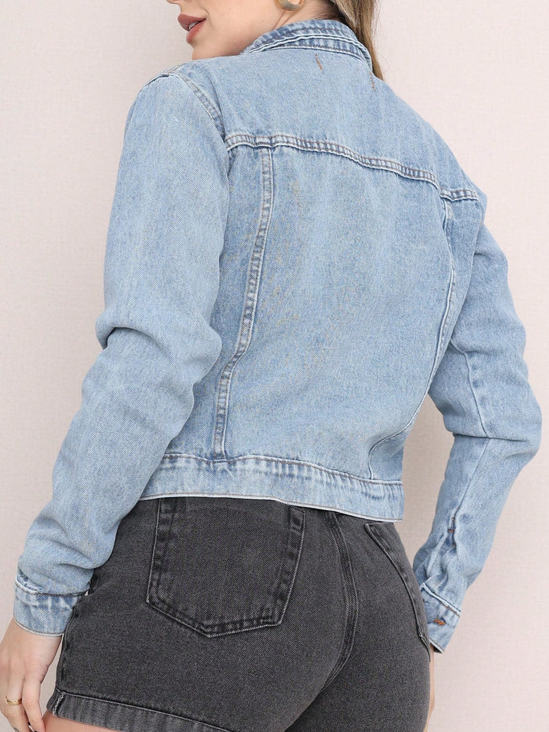 Vendedor IndicadoJaqueta Jeans Feminina Modelo Casual Lavagem Clara botao ferro