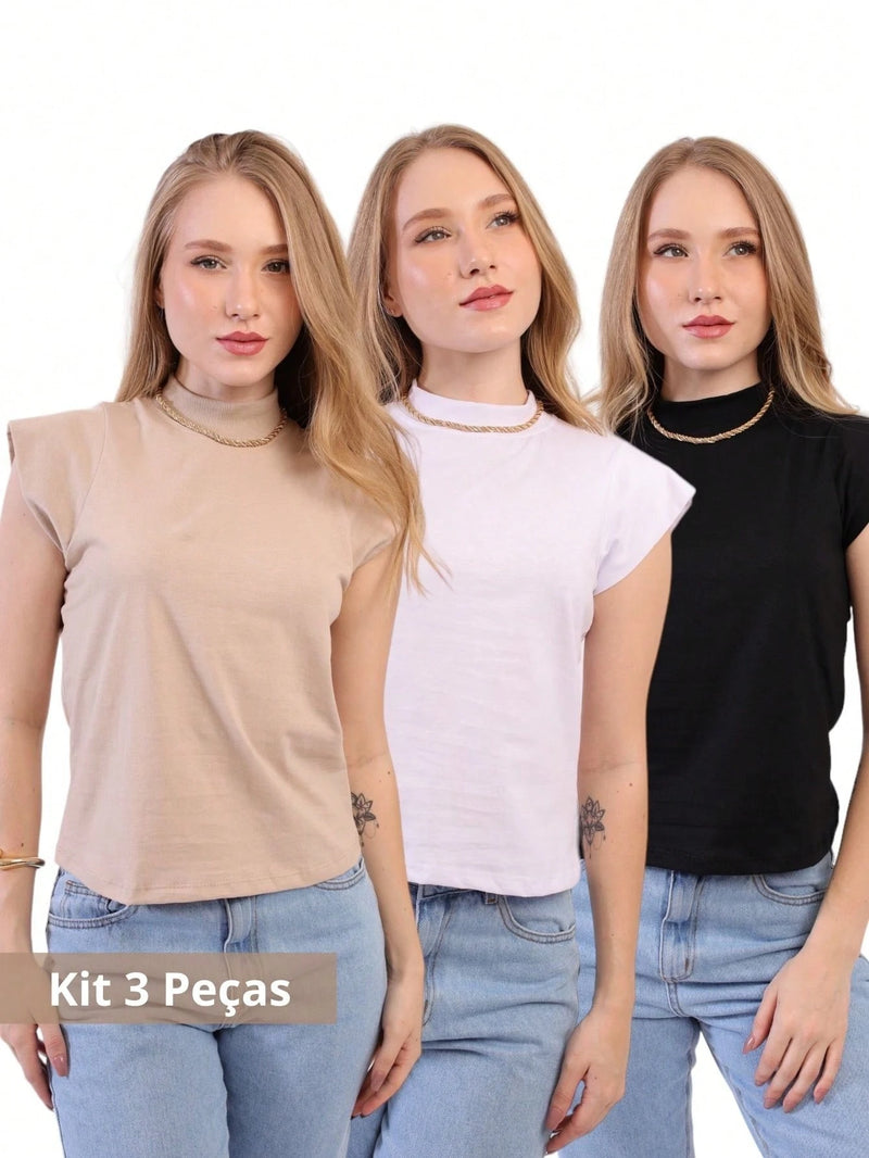 Vendedor Indicadokit 3 T Shirt Muscle tee blusa gola alta feminina manga curta camiseta básica lisa preta branca nude