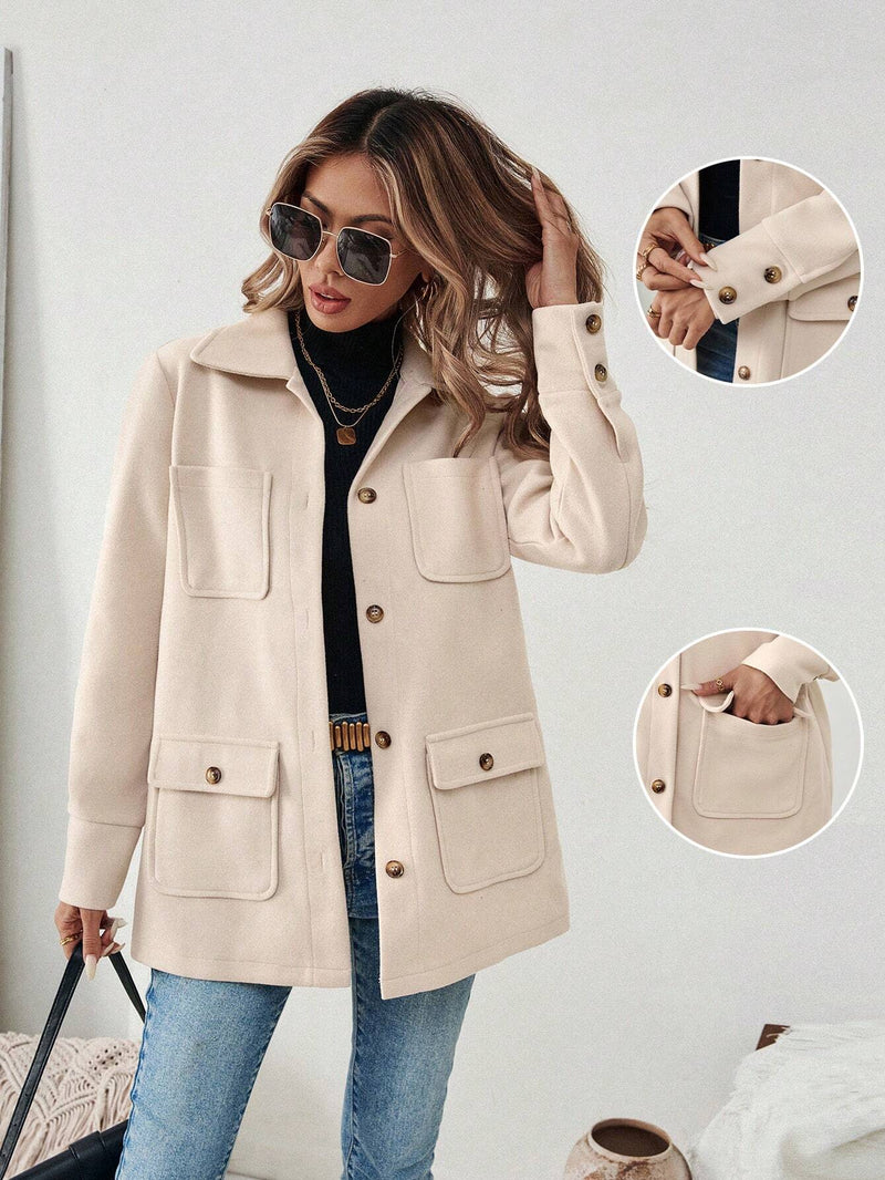 EMERY ROSE Jaqueta Casual Feminina de Cor Sólida com Remendos e Bolso, Abotoamento Simples, Outono/Inverno