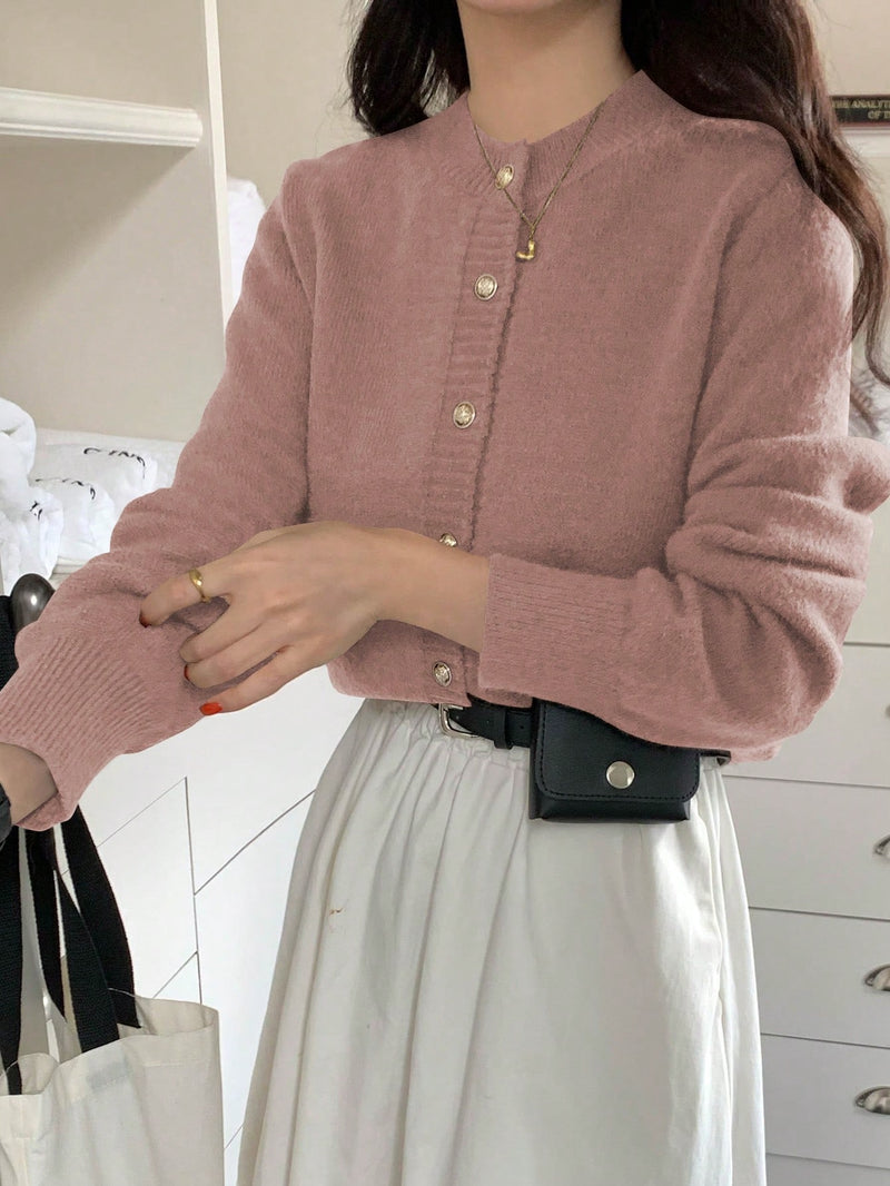 Dazy-Less Cardigan de Botão Sólido, Casual de Primavera/Outono para Mulheres, Botões Regulares, Manga Regular, Gola Redonda, Ajuste Regular, Bege Liso, Cardigãs Femininos de Uso Diário Casual, Dinheiro Antigo