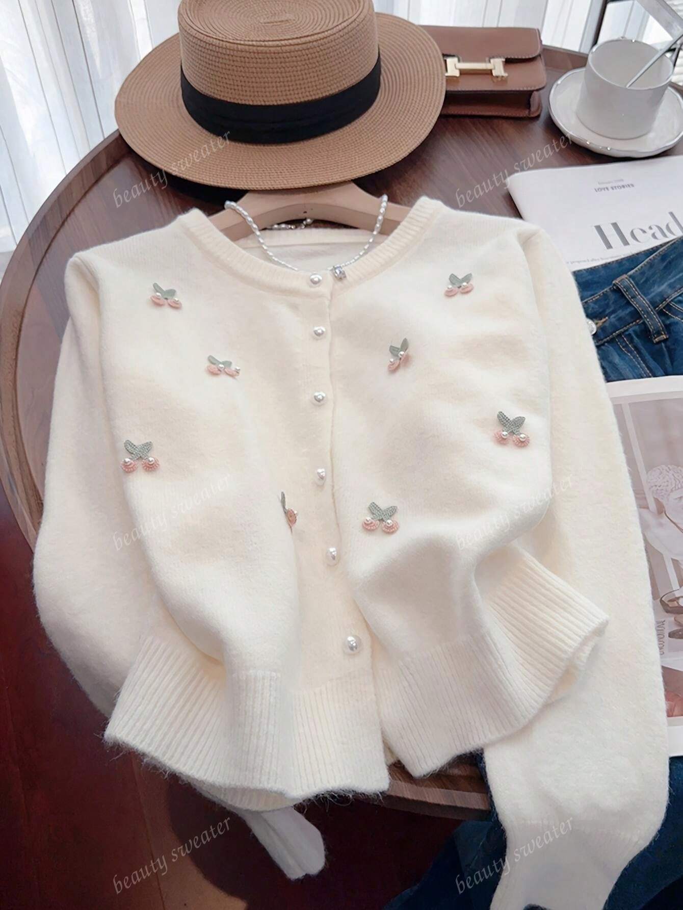 Cardigan de Tricô com Pérola de Cereja para Mulheres, Design Doce e Jovem, Modelagem Solta, Outono/Inverno, Blusa de Manga Longa