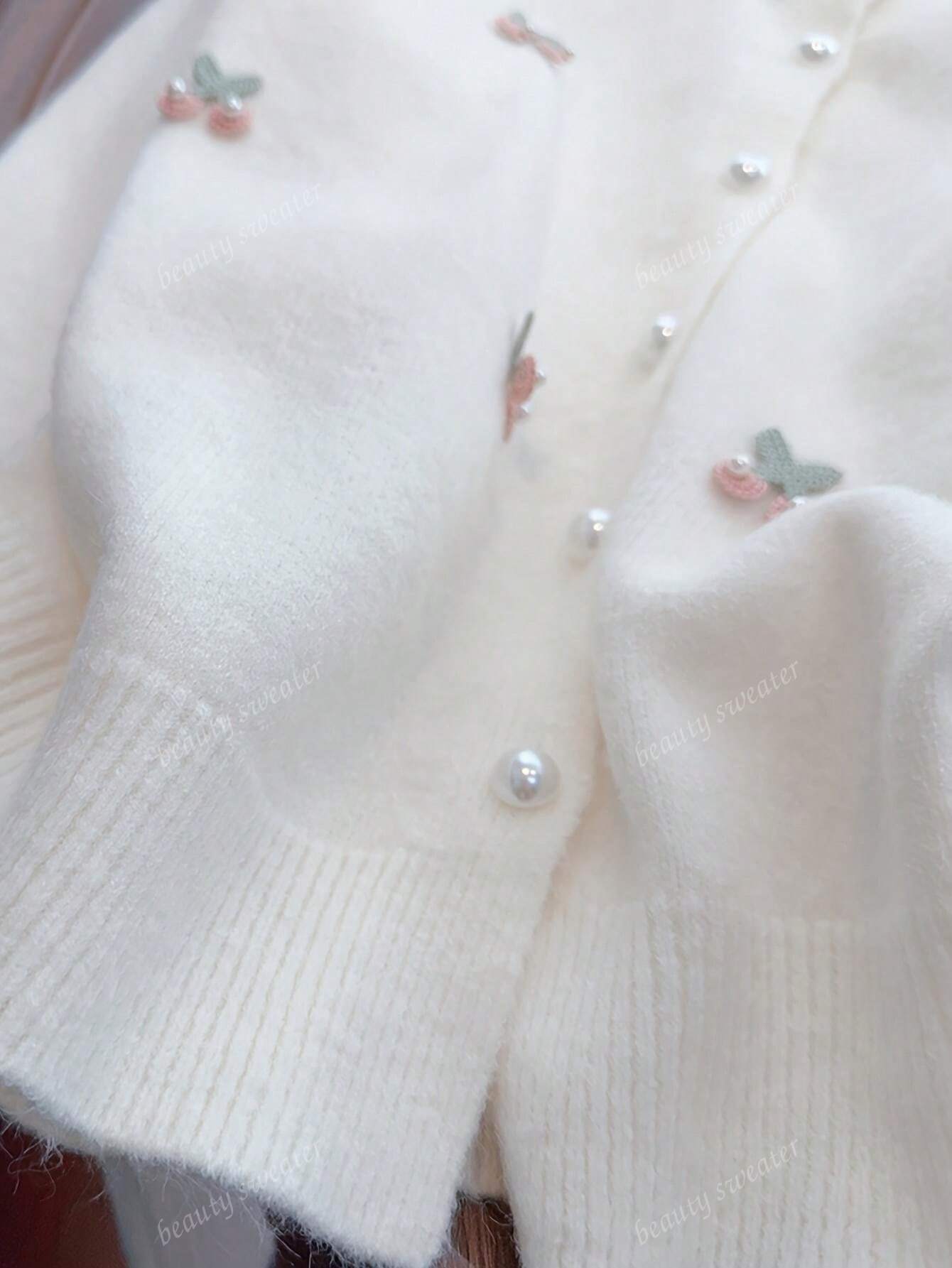 Cardigan de Tricô com Pérola de Cereja para Mulheres, Design Doce e Jovem, Modelagem Solta, Outono/Inverno, Blusa de Manga Longa