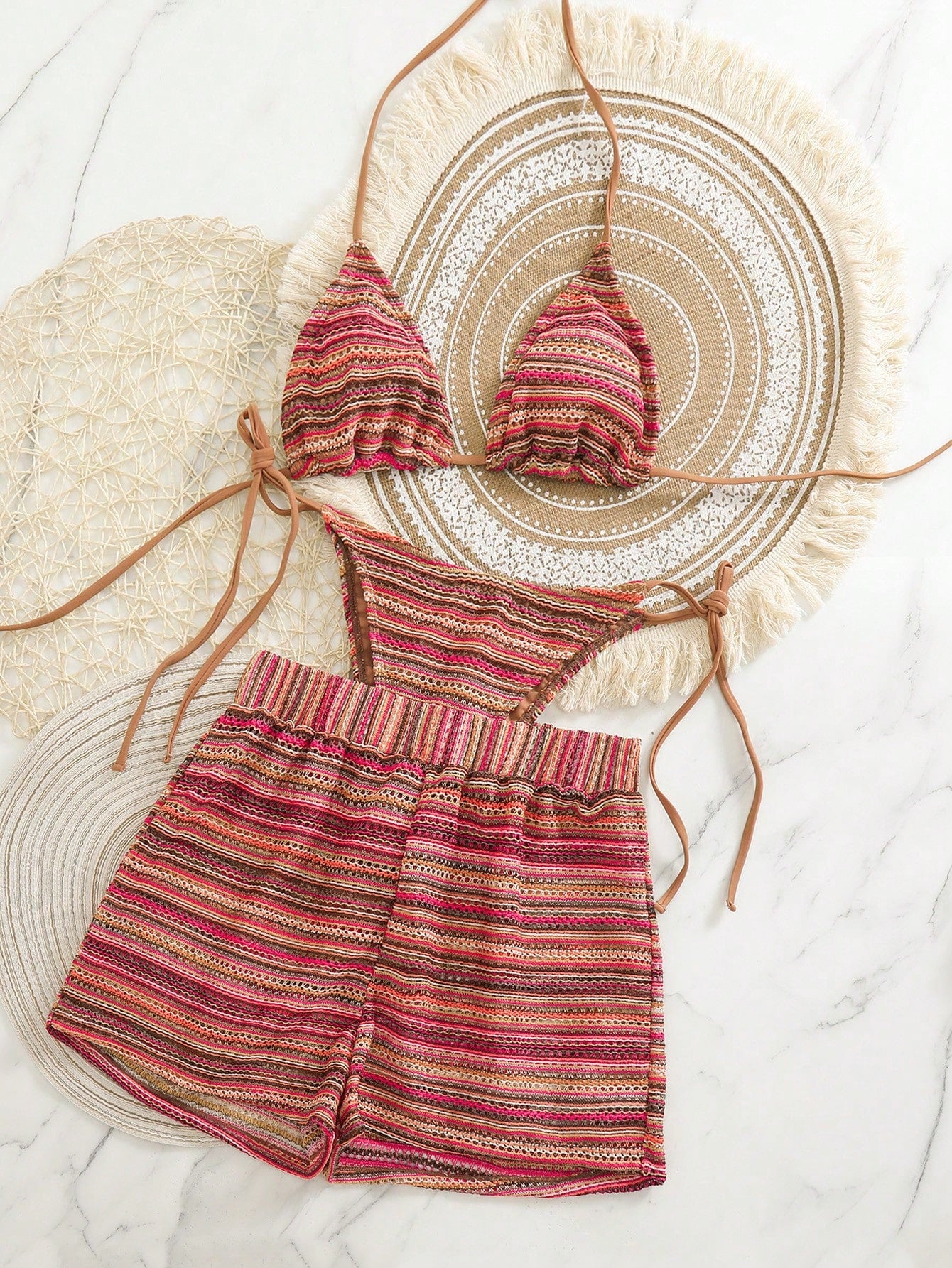 Swim Vcay 3 peças/Conjunto Capa de Crochê de Estilo Boêmio para Maiô Bikini, Saída de Praia