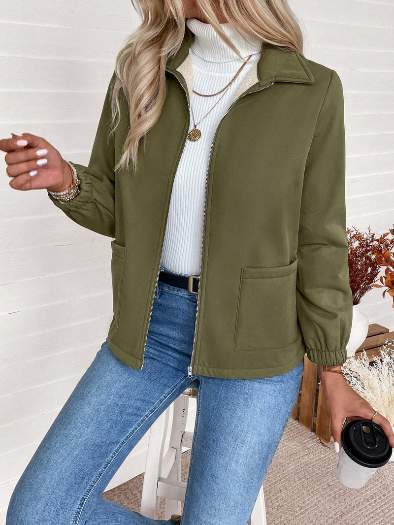 SHEIN LUNE Jaqueta Forrada de Zíper de Cor Sólida, Casual para Outono/Inverno