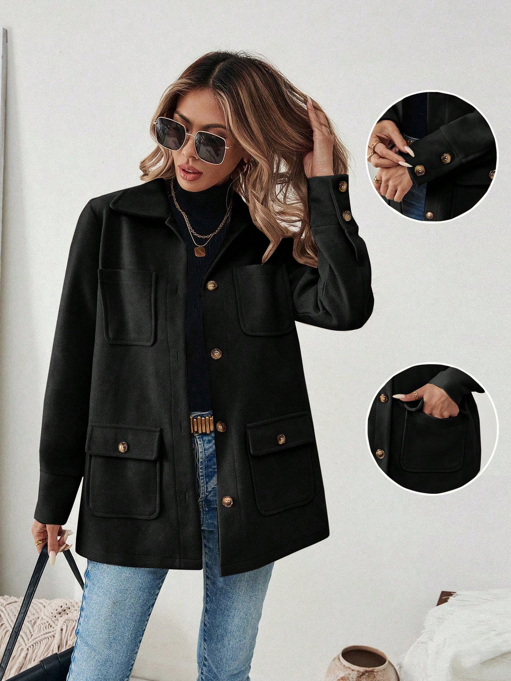 EMERY ROSE Jaqueta Casual Feminina de Cor Sólida com Remendos e Bolso, Abotoamento Simples, Outono/Inverno