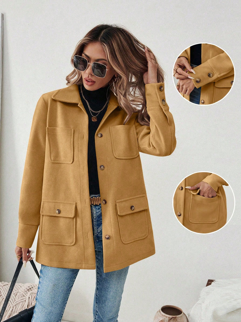 EMERY ROSE Jaqueta Casual Feminina de Cor Sólida com Remendos e Bolso, Abotoamento Simples, Outono/Inverno