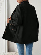 EMERY ROSE Jaqueta Casual Feminina de Cor Sólida com Remendos e Bolso, Abotoamento Simples, Outono/Inverno