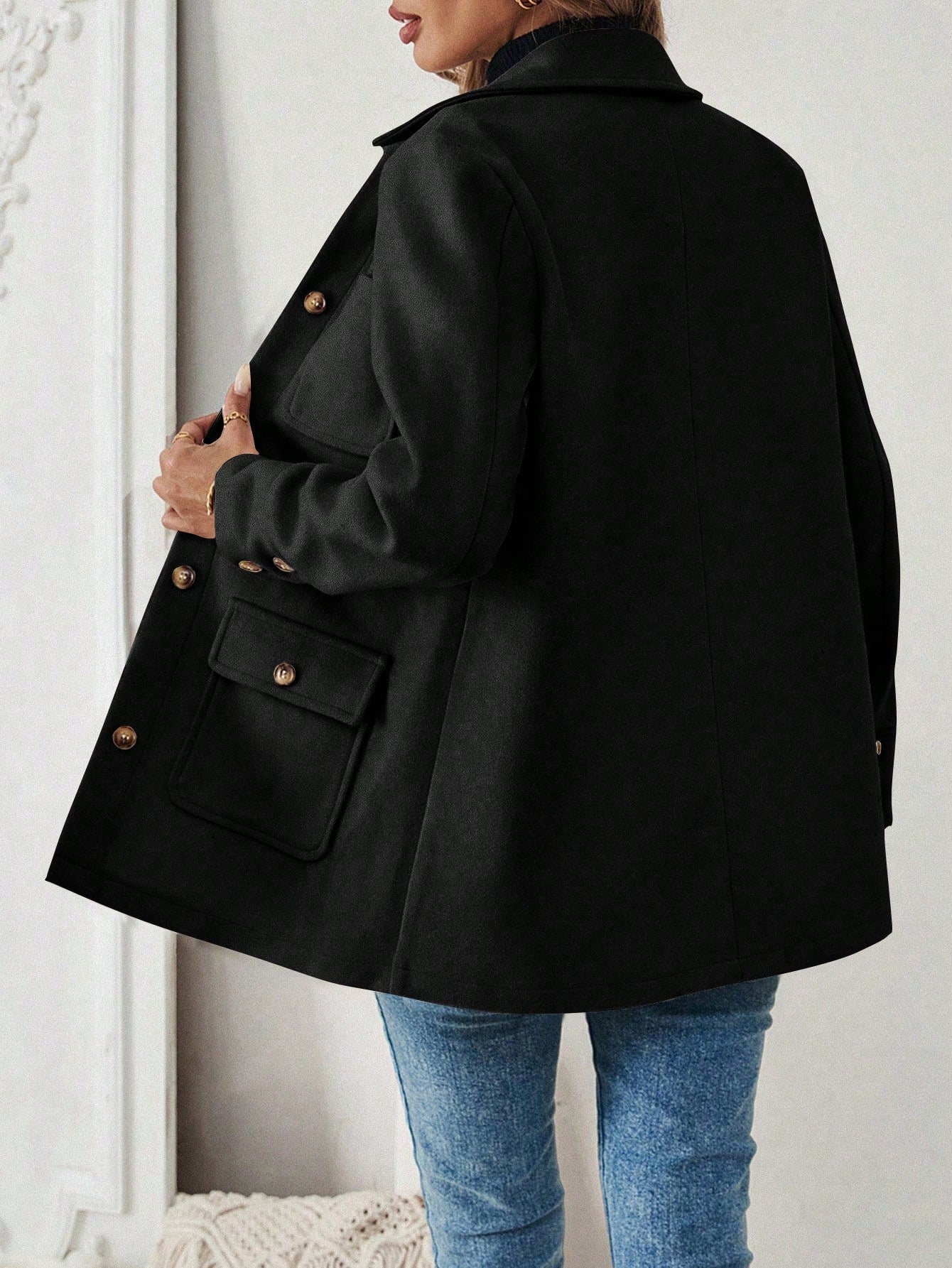 EMERY ROSE Jaqueta Casual Feminina de Cor Sólida com Remendos e Bolso, Abotoamento Simples, Outono/Inverno