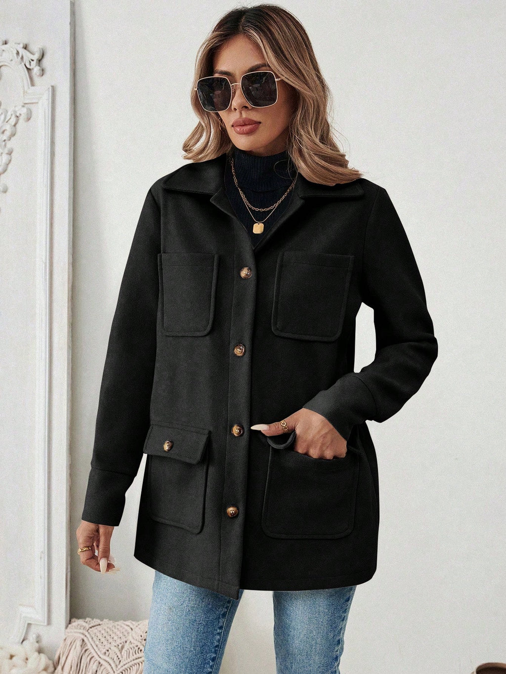 EMERY ROSE Jaqueta Casual Feminina de Cor Sólida com Remendos e Bolso, Abotoamento Simples, Outono/Inverno