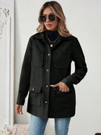 EMERY ROSE Jaqueta Casual Feminina de Cor Sólida com Remendos e Bolso, Abotoamento Simples, Outono/Inverno