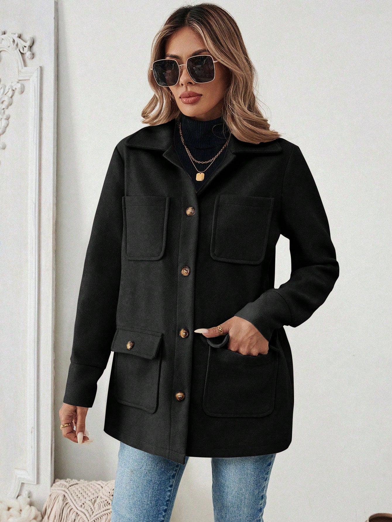 EMERY ROSE Jaqueta Casual Feminina de Cor Sólida com Remendos e Bolso, Abotoamento Simples, Outono/Inverno