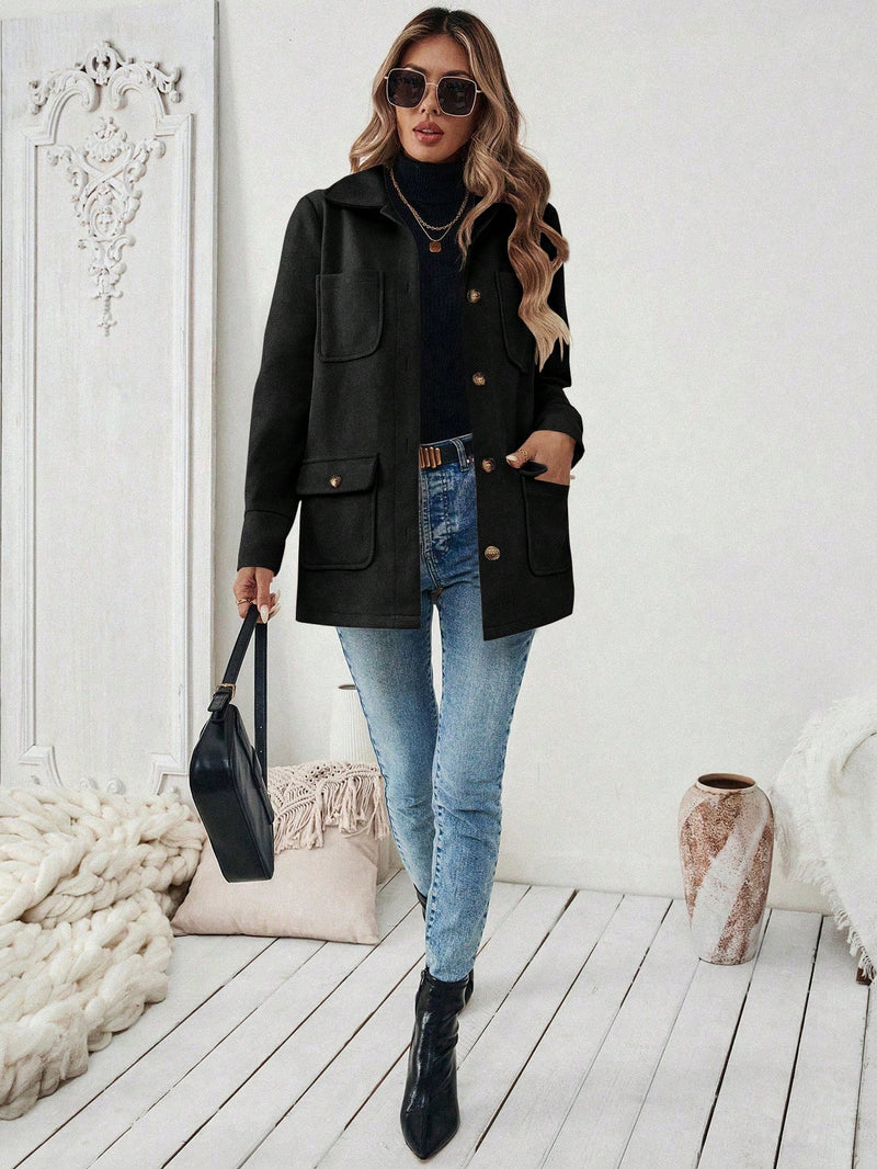 EMERY ROSE Jaqueta Casual Feminina de Cor Sólida com Remendos e Bolso, Abotoamento Simples, Outono/Inverno