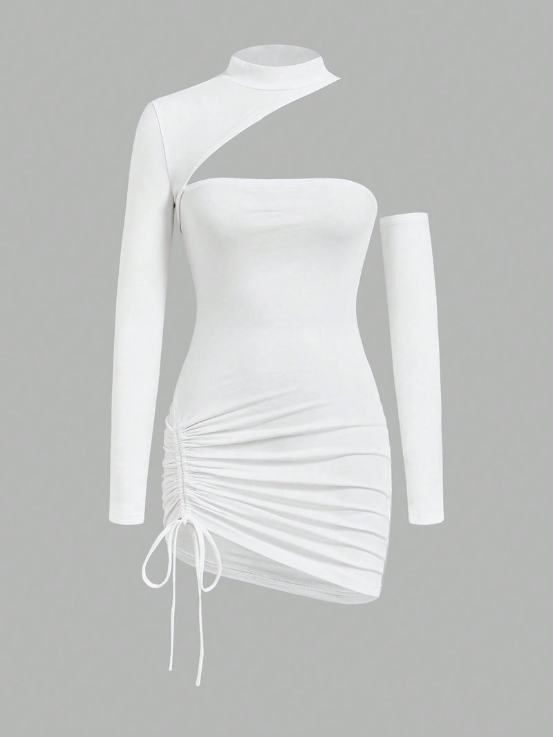 SHEIN ICON Vestido Bodycon De Cintura Com Cordão De Gola Assimétrica De Cor Sólida
