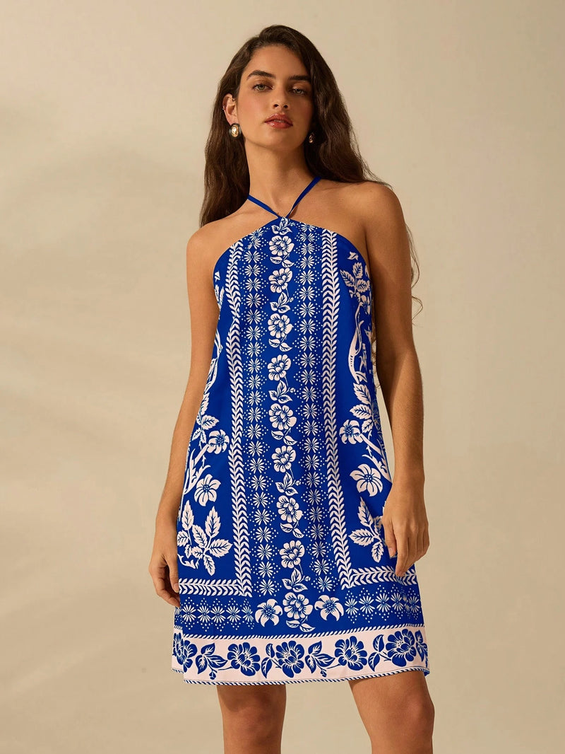 CAJUNI Vestido Curto Casual de Verão Boêmio Feminino, Estampa Tropical de Planta Floral, Cinto Fino, Costas Cruzadas
