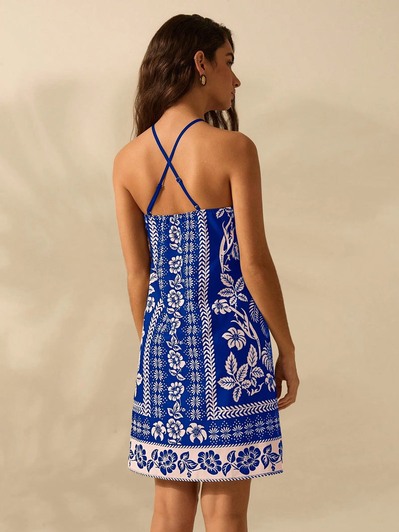 CAJUNI Vestido Curto Casual de Verão Boêmio Feminino, Estampa Tropical de Planta Floral, Cinto Fino, Costas Cruzadas