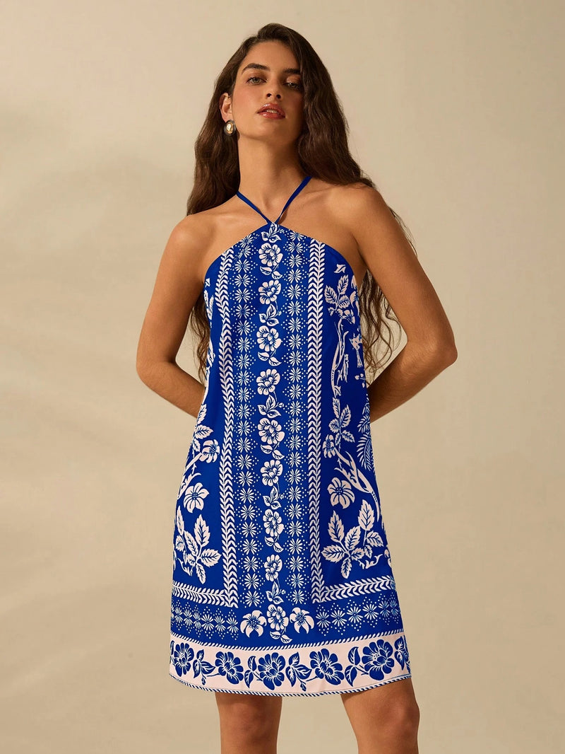 CAJUNI Vestido Curto Casual de Verão Boêmio Feminino, Estampa Tropical de Planta Floral, Cinto Fino, Costas Cruzadas