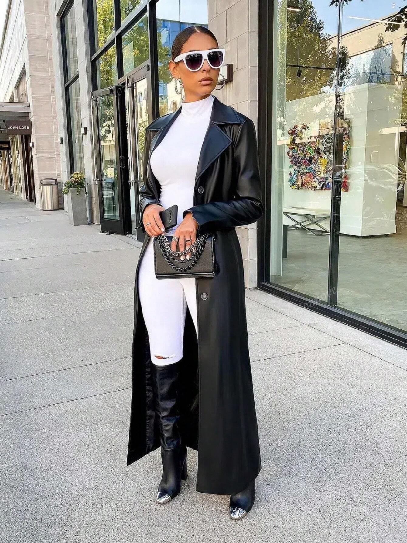 European And American Women Autumn/Winter New PU Leather Cardigan, Button Front Long Sleeve Warm Long Coat