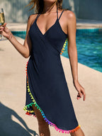 Swim Vcay Saída de Praia para Mulheres, Saída de Praia Sobreposição Sem Costas com Acabamento de Pompom, Praia de Verão