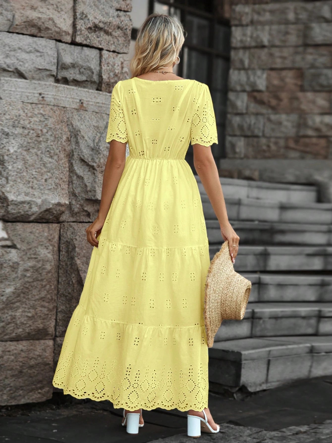 Vestido longo lese importado forrado manga curta princesa com elástico na cintura