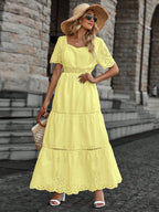 Vestido longo lese importado forrado manga curta princesa com elástico na cintura