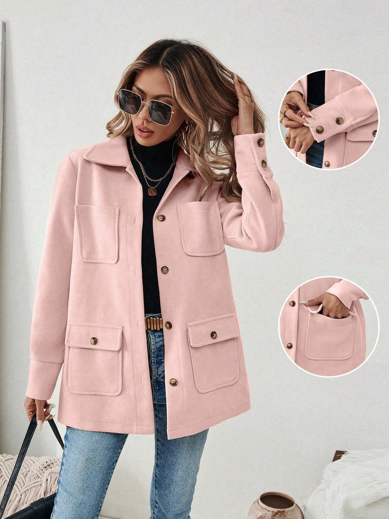 EMERY ROSE Jaqueta Casual Feminina de Cor Sólida com Remendos e Bolso, Abotoamento Simples, Outono/Inverno